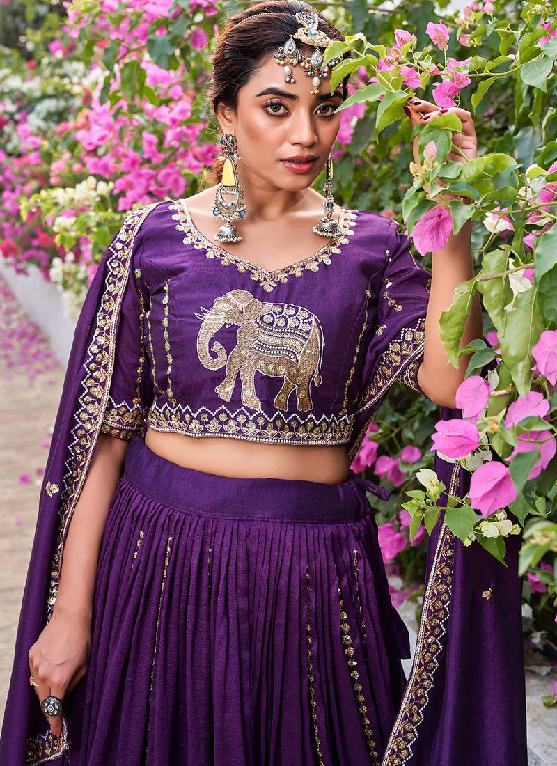 Purple Sequence Embroidered Vichitra Silk Lehenga Choli For Women