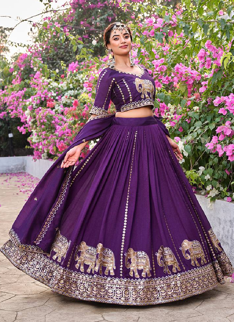 Purple Sequence Embroidered Vichitra Silk Lehenga Choli For Women