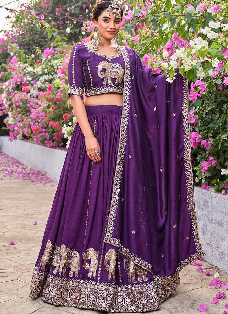 Purple Sequence Embroidered Vichitra Silk Lehenga Choli For Women