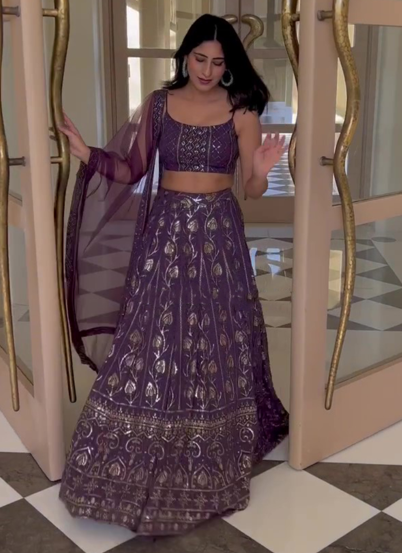 Purple Sequence Embroidered Work Georgette Lehenga Choli