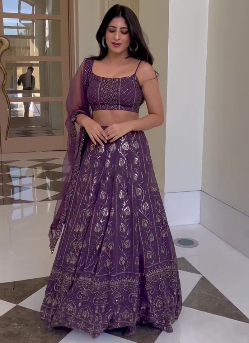 Purple Sequence Embroidered Work Georgette Lehenga Choli