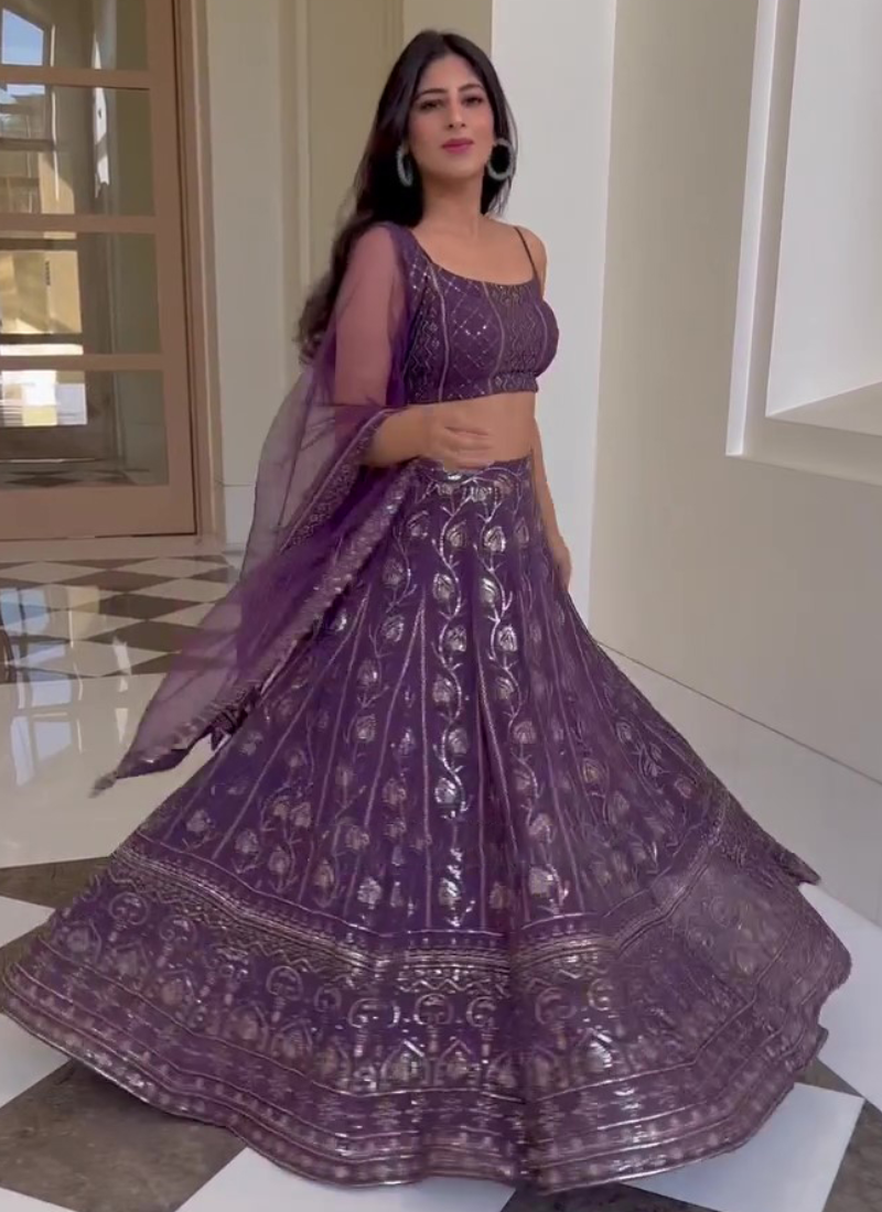 Purple Sequence Embroidered Work Georgette Lehenga Choli