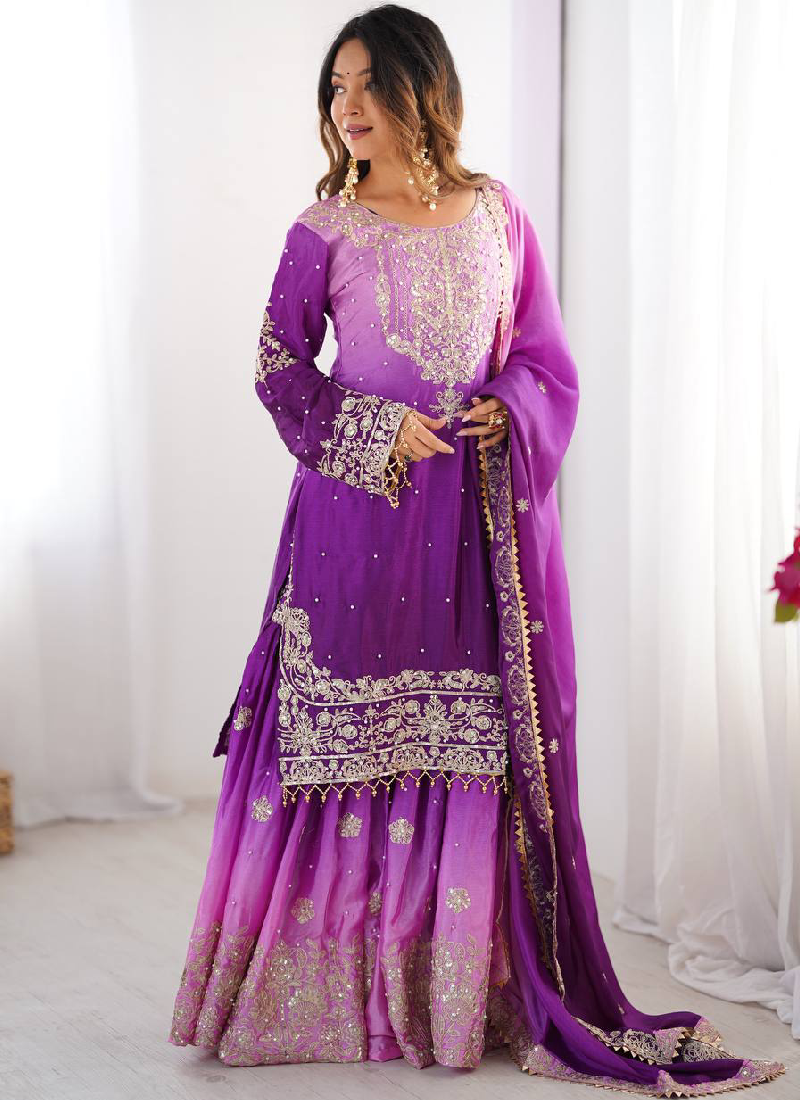 Purple Sequin Dori Embroidered Chinon Silk Salwar Kameez With Dupatta