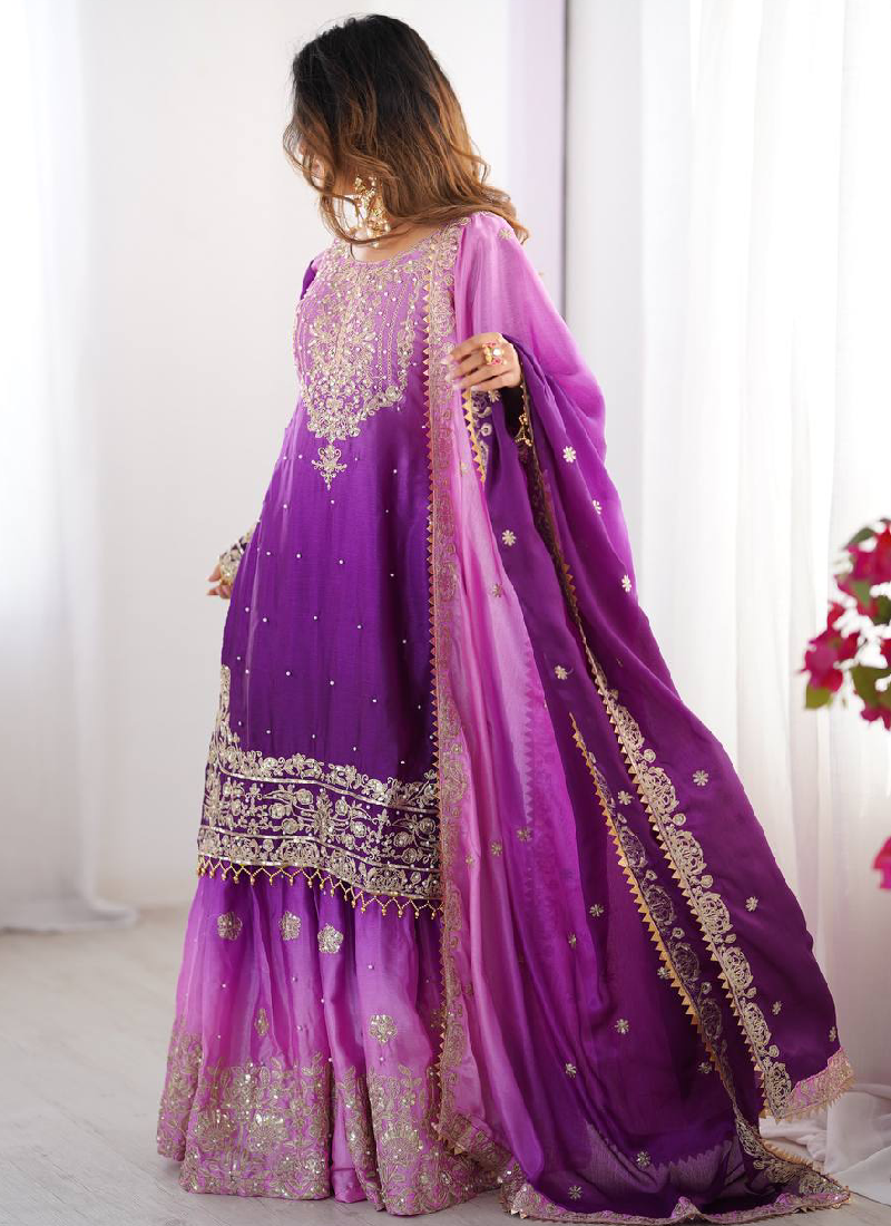 Purple Sequin Dori Embroidered Chinon Silk Salwar Kameez With Dupatta
