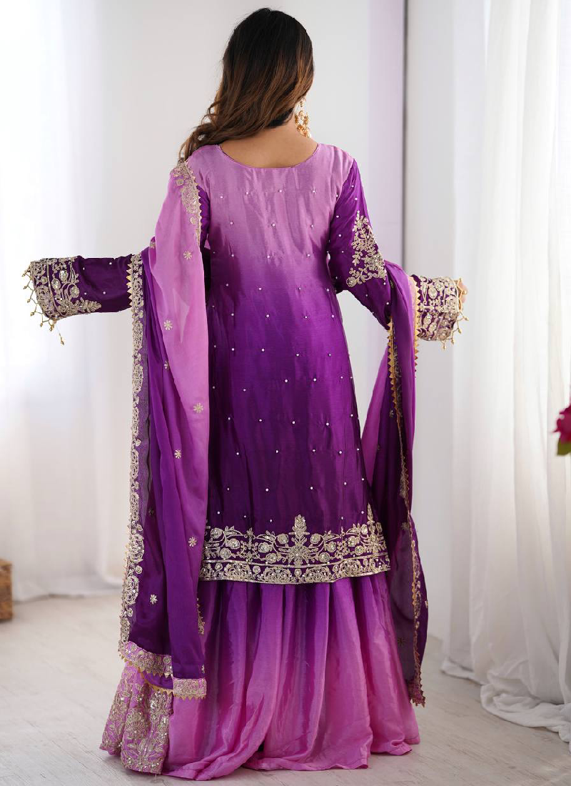 Purple Sequin Dori Embroidered Chinon Silk Salwar Kameez With Dupatta