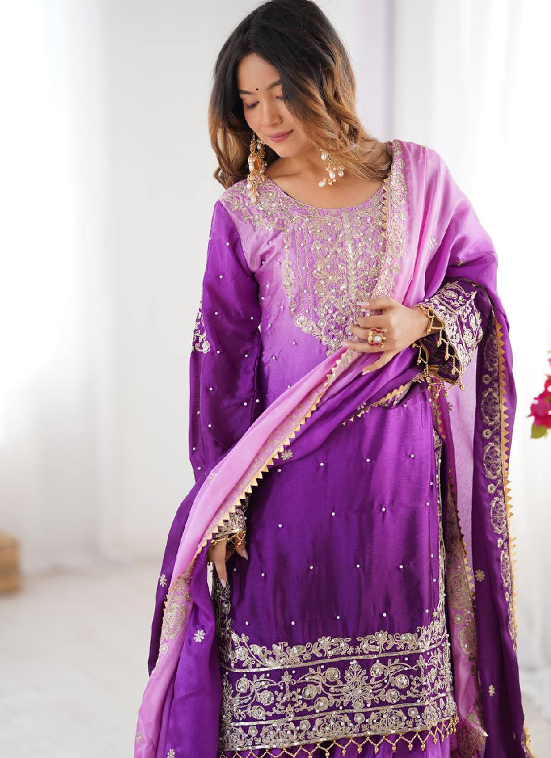 Purple Sequin Dori Embroidered Chinon Silk Salwar Kameez With Dupatta