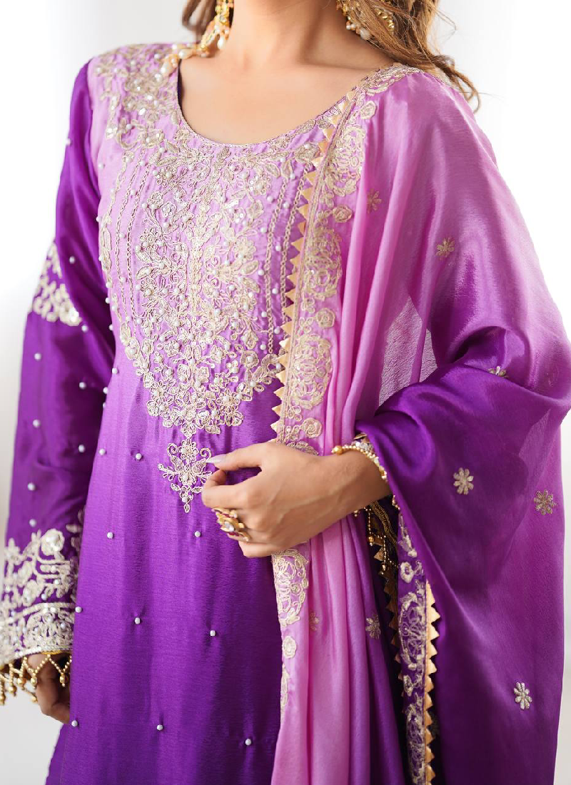 Purple Sequin Dori Embroidered Chinon Silk Salwar Kameez With Dupatta