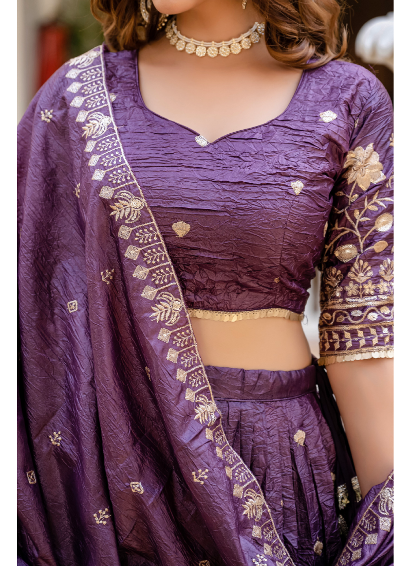 Purple Embroidered Tissue Silk Wedding Lehenga Choli With Dupatta