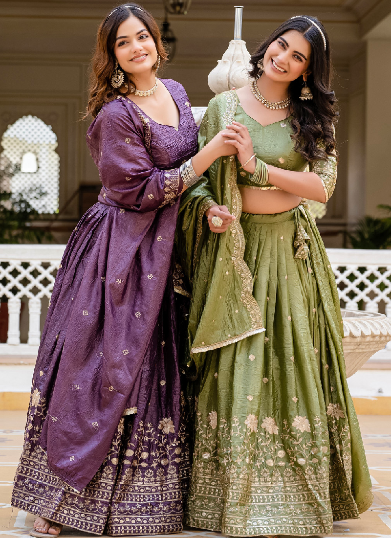 Purple Embroidered Tissue Silk Wedding Lehenga Choli With Dupatta