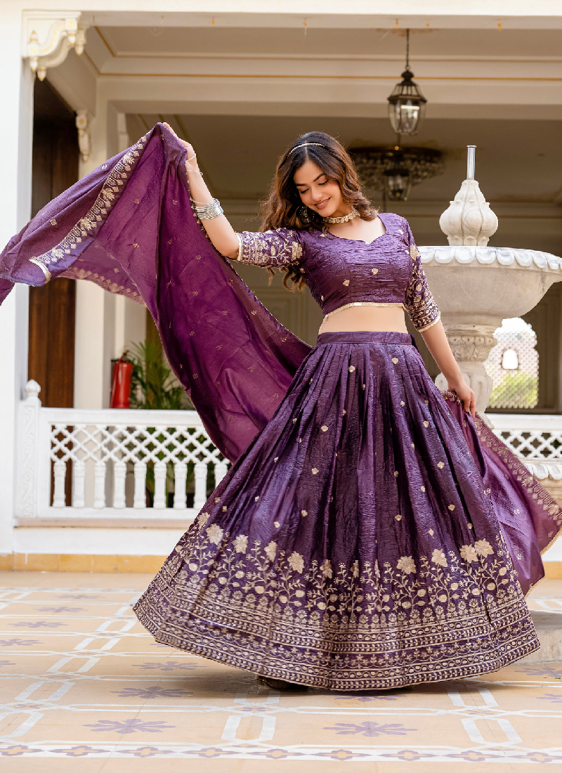 Purple Embroidered Tissue Silk Wedding Lehenga Choli With Dupatta