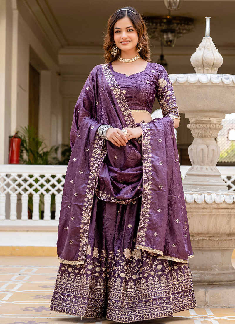 Purple Embroidered Tissue Silk Wedding Lehenga Choli With Dupatta