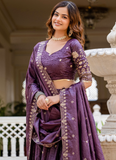 Purple Embroidered Tissue Silk Wedding Lehenga Choli With Dupatta