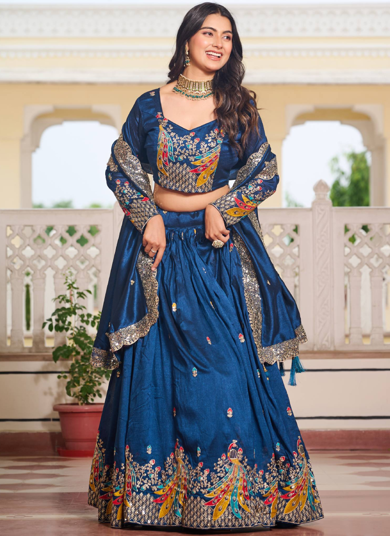 Purple Zari Embroidered Wedding Wear Vichitra Silk Lehenga Choli