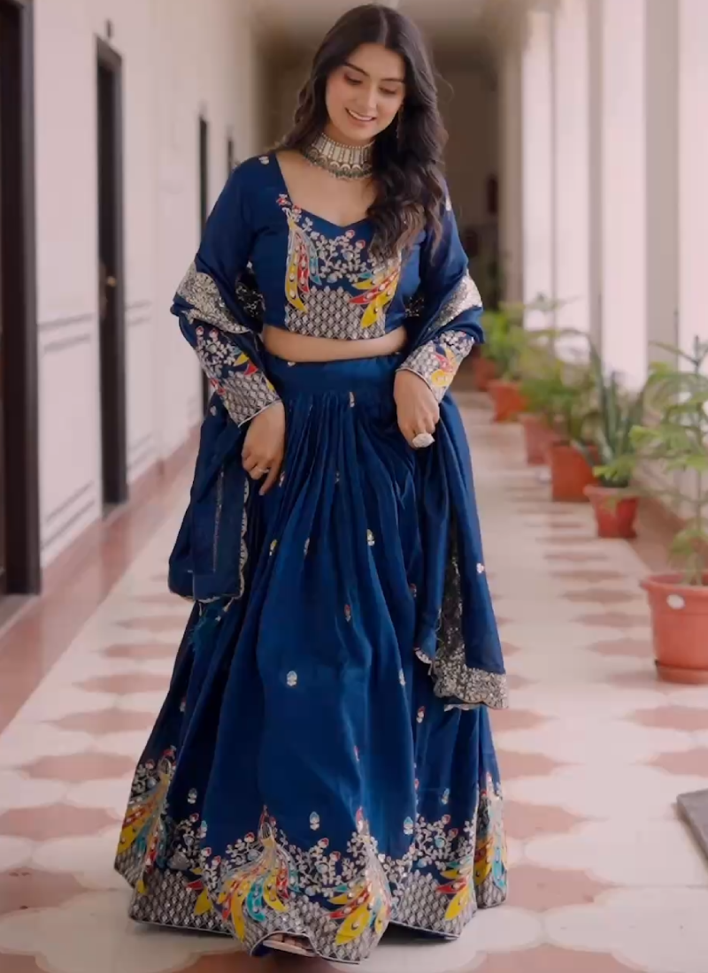 Purple Zari Embroidered Wedding Wear Vichitra Silk Lehenga Choli