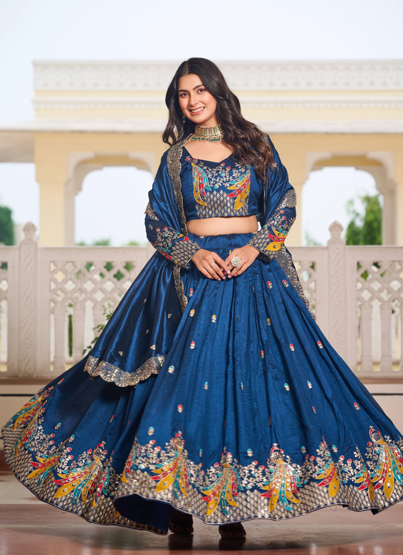 Purple Zari Embroidered Wedding Wear Vichitra Silk Lehenga Choli