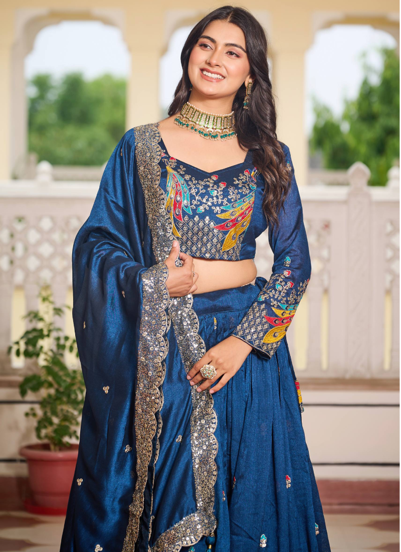 Purple Zari Embroidered Wedding Wear Vichitra Silk Lehenga Choli