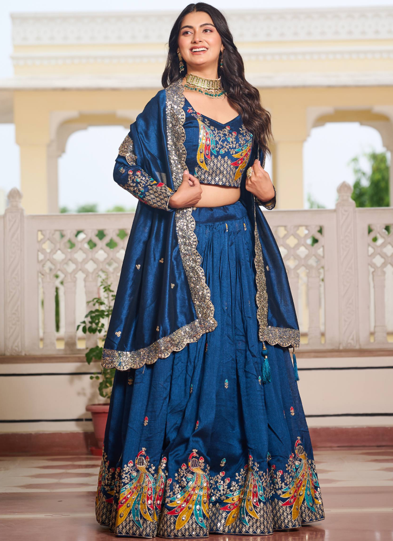 Purple Zari Embroidered Wedding Wear Vichitra Silk Lehenga Choli