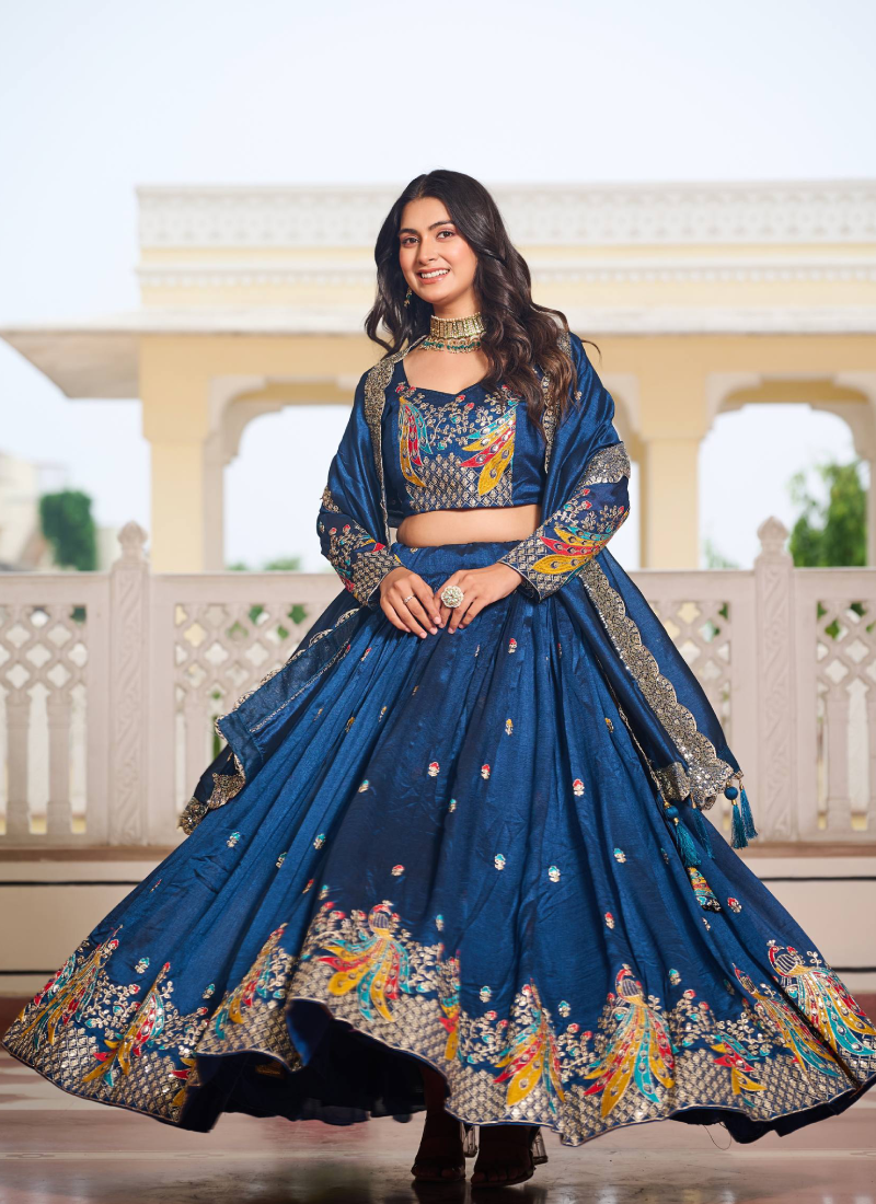 Purple Zari Embroidered Wedding Wear Vichitra Silk Lehenga Choli