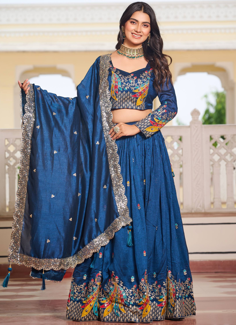 Purple Zari Embroidered Wedding Wear Vichitra Silk Lehenga Choli