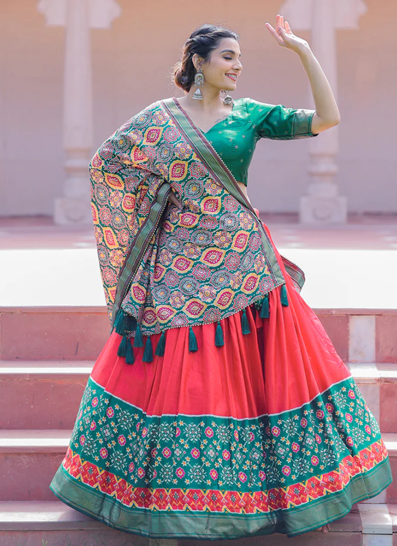 Rajasthani Look Red Color Foil Print Dola Silk Lehenga Choli