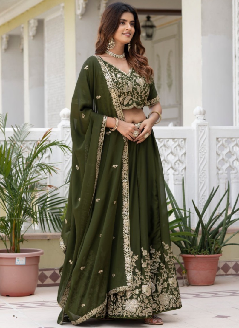 Rangoli Silk Green Zari Sequence Embroidered Mehendi Function Lehenga