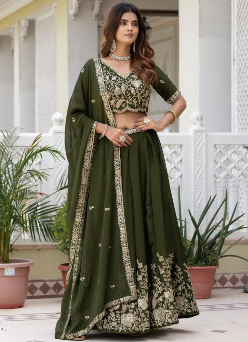Rangoli Silk Green Zari Sequence Embroidered Mehendi Function Lehenga