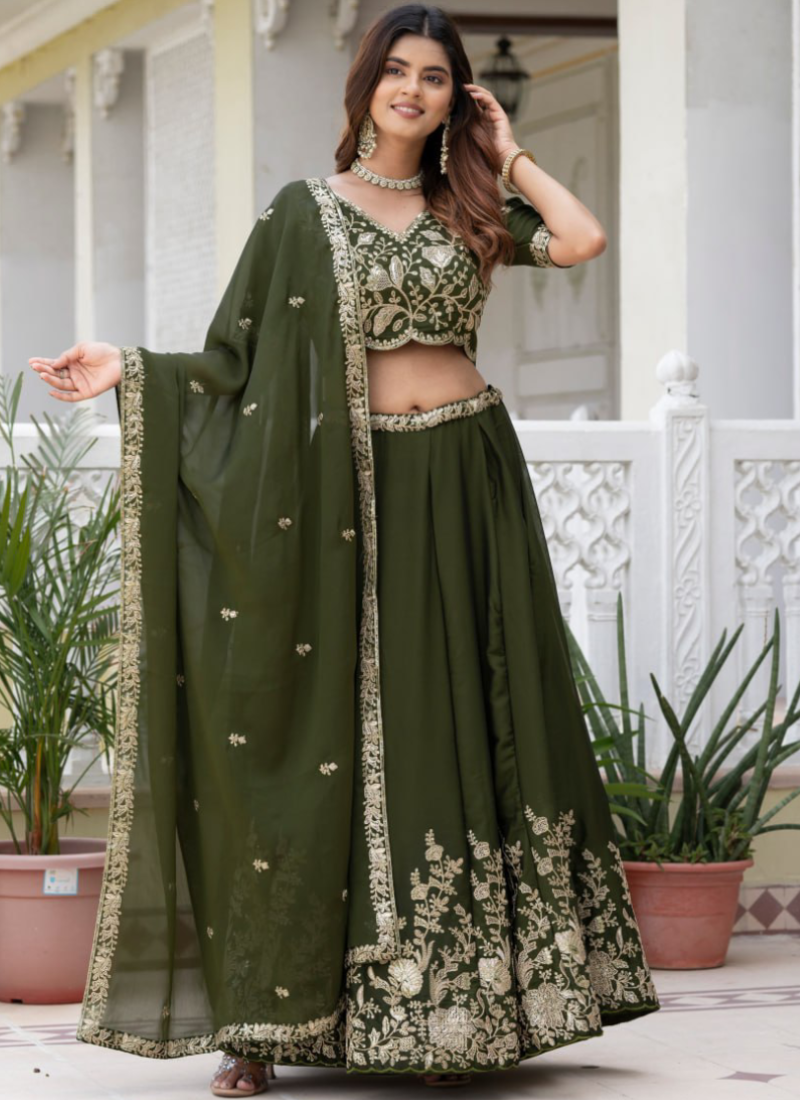 Rangoli Silk Green Zari Sequence Embroidered Mehendi Function Lehenga