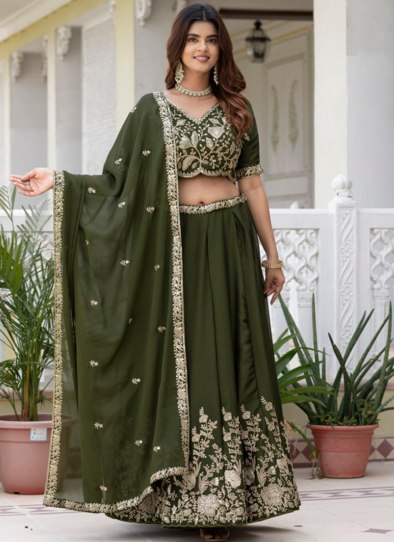 Rangoli Silk Green Zari Sequence Embroidered Mehendi Function Lehenga