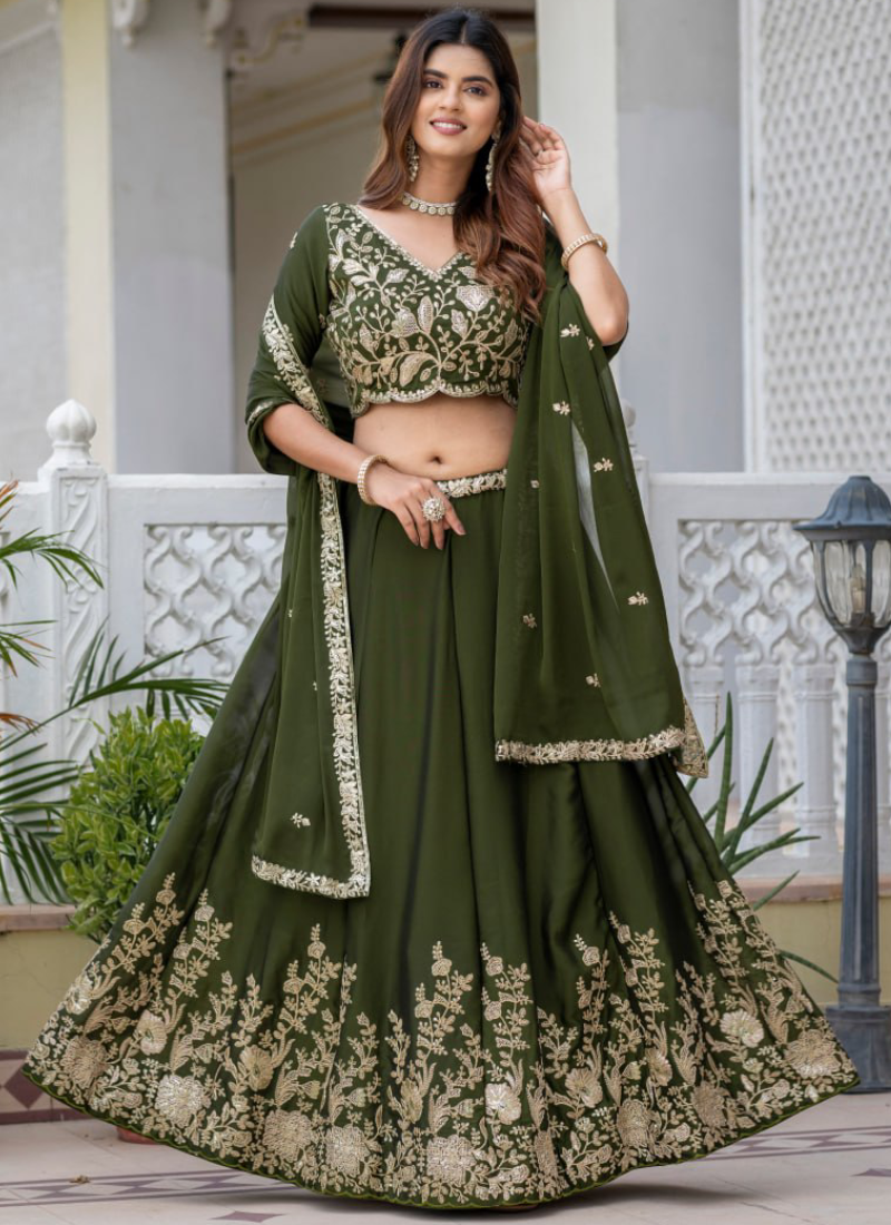 Rangoli Silk Green Zari Sequence Embroidered Mehendi Function Lehenga