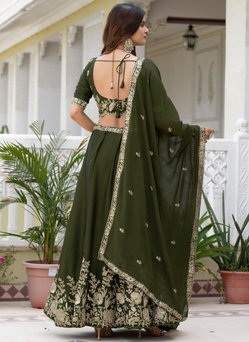 Rangoli Silk Green Zari Sequence Embroidered Mehendi Function Lehenga