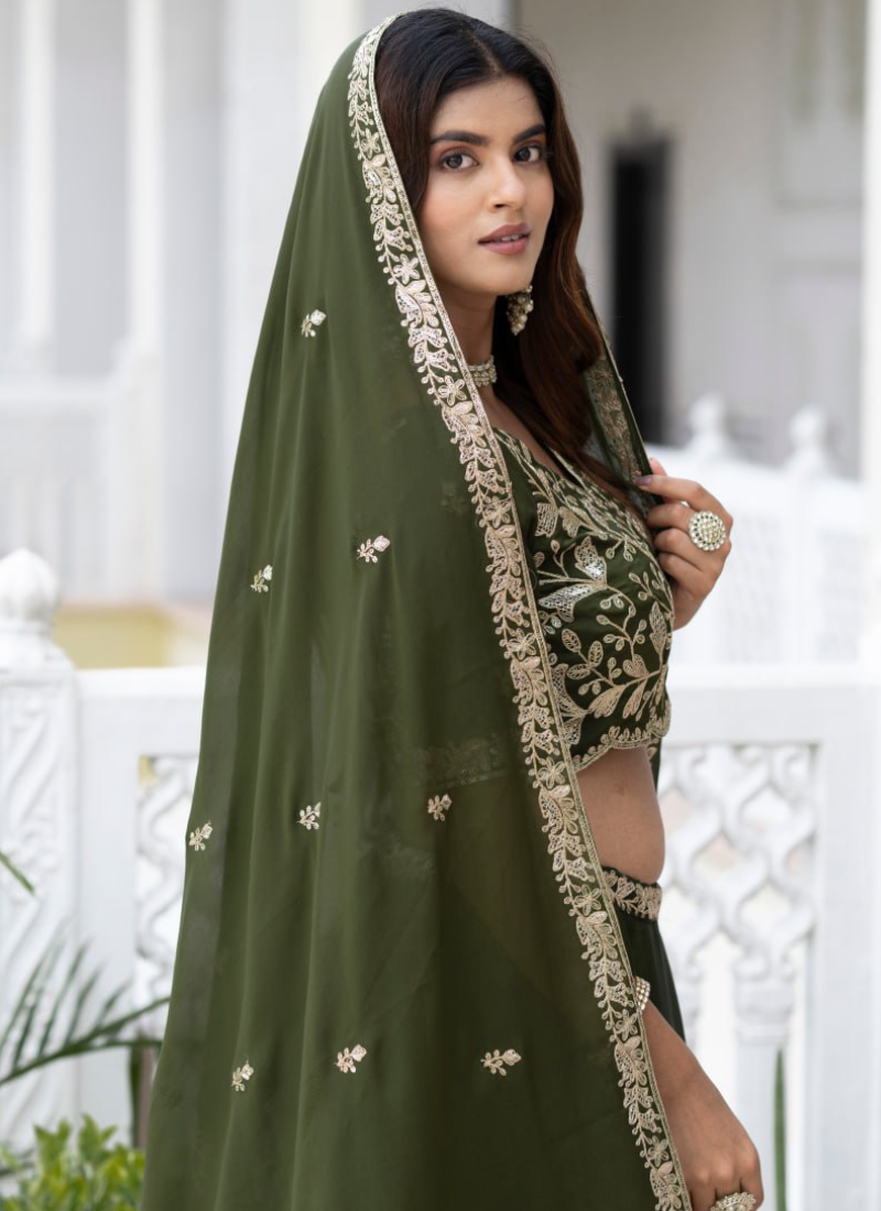 Rangoli Silk Green Zari Sequence Embroidered Mehendi Function Lehenga