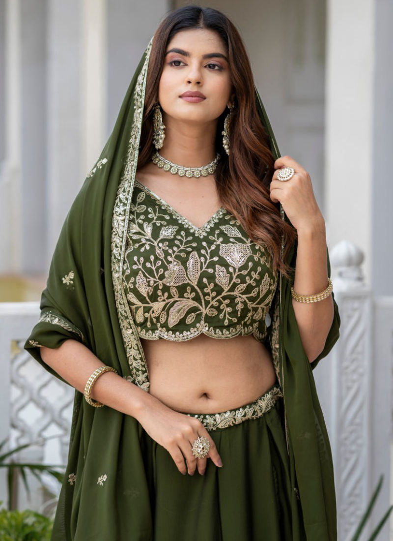 Rangoli Silk Green Zari Sequence Embroidered Mehendi Function Lehenga