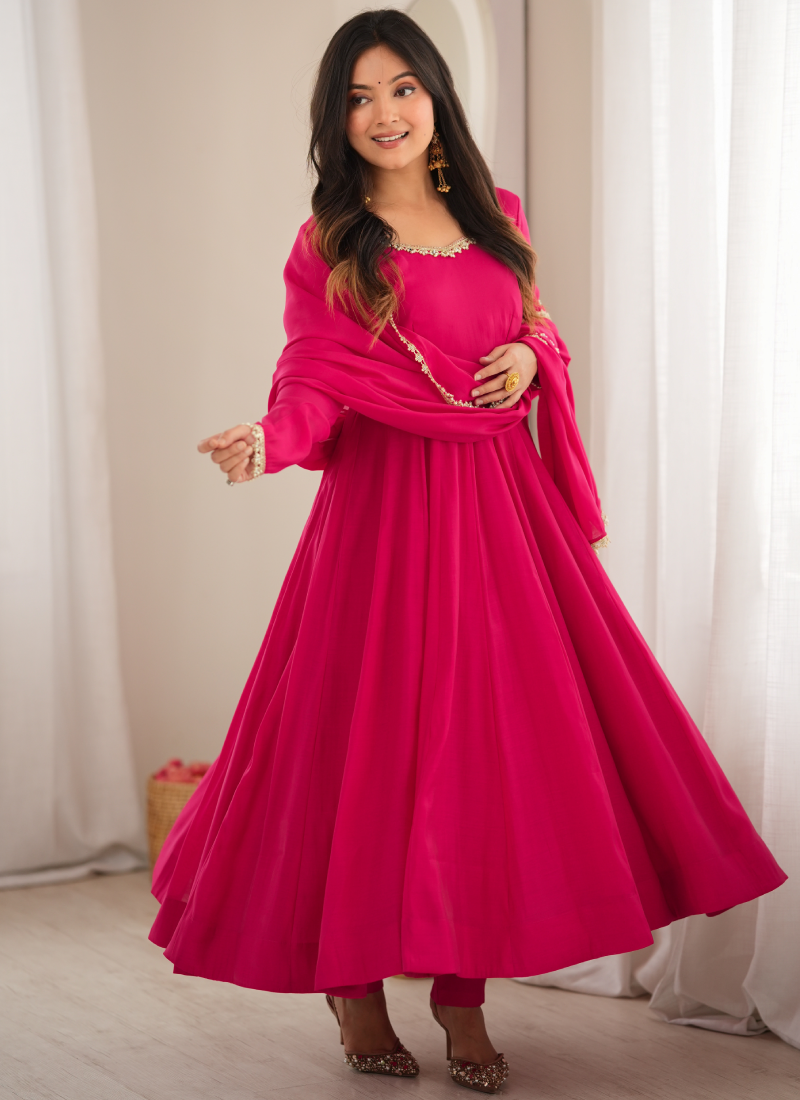 Rani Pink Chanderi Mirror Work Fully Stitched Anarkali Gown Set