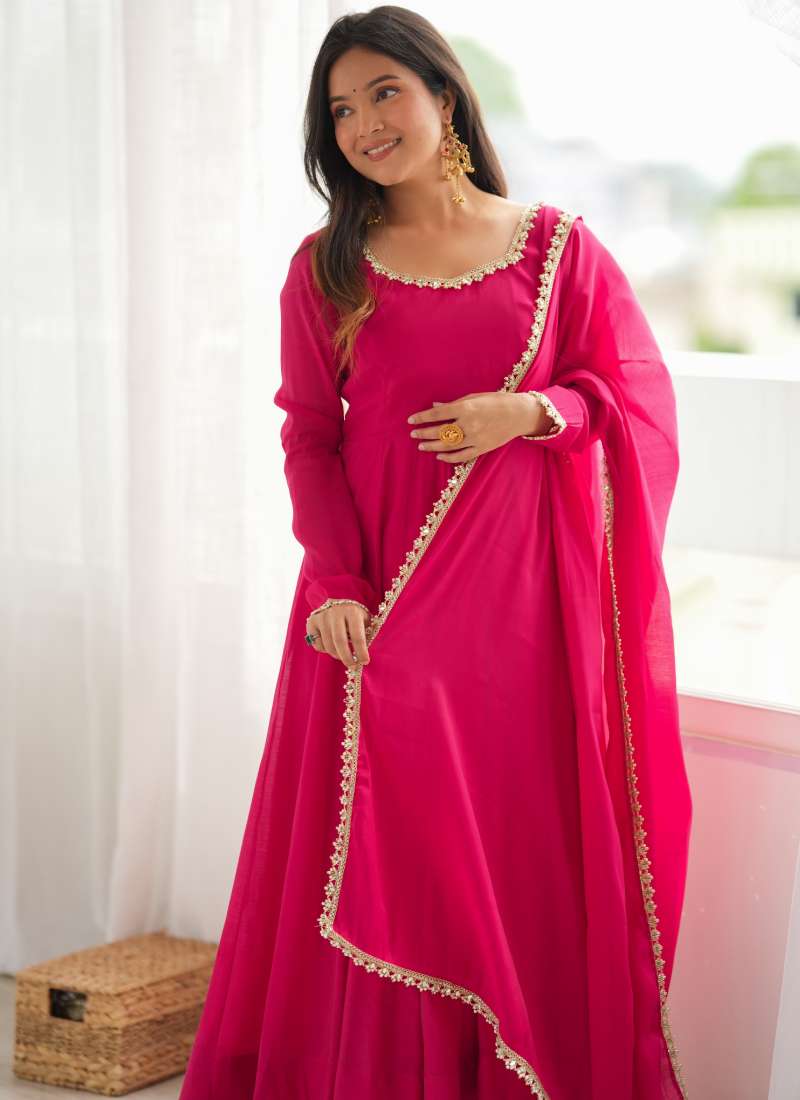 Rani Pink Chanderi Mirror Work Fully Stitched Anarkali Gown Set