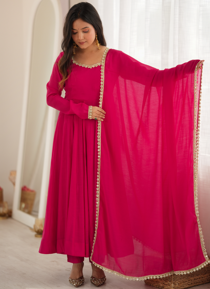 Rani Pink Chanderi Mirror Work Fully Stitched Anarkali Gown Set