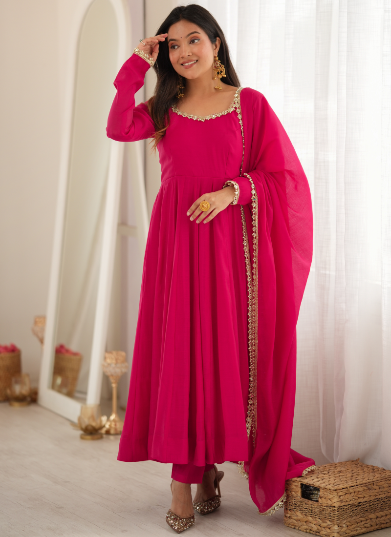 Rani Pink Chanderi Mirror Work Fully Stitched Anarkali Gown Set
