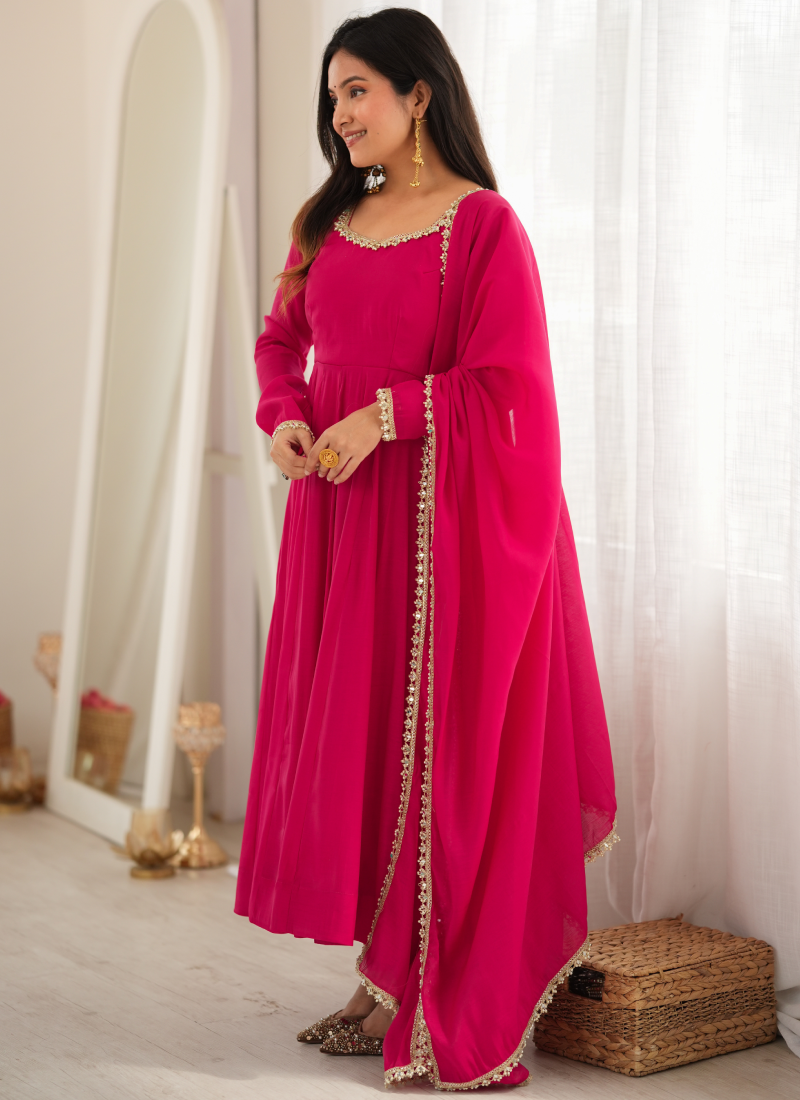 Rani Pink Chanderi Mirror Work Fully Stitched Anarkali Gown Set