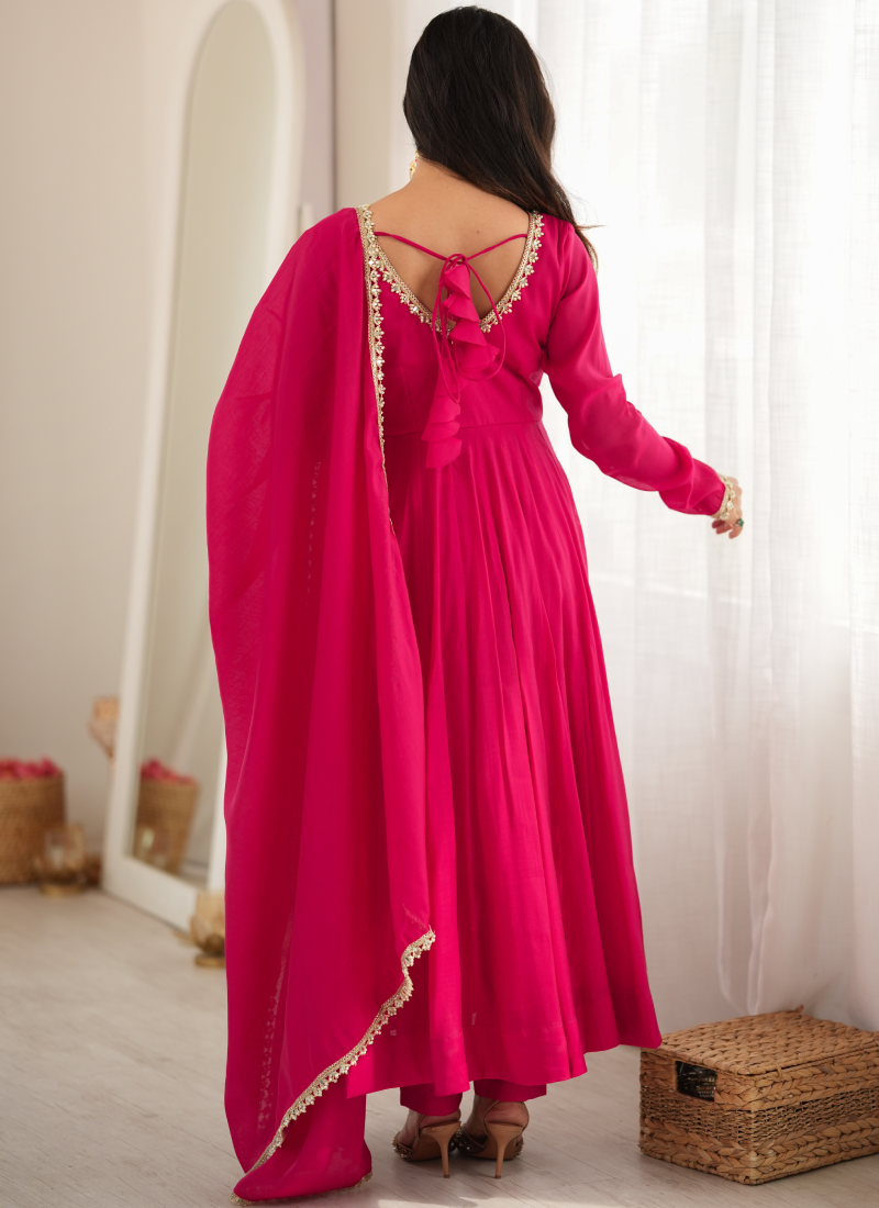 Rani Pink Chanderi Mirror Work Fully Stitched Anarkali Gown Set
