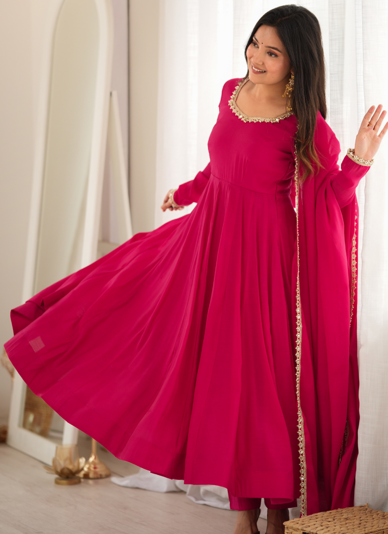 Rani Pink Chanderi Mirror Work Fully Stitched Anarkali Gown Set