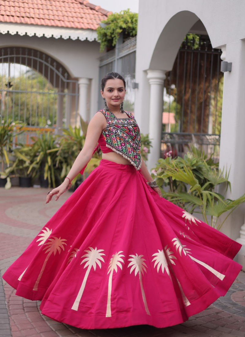 Rani Pink Roman Silk Kutchi Gamthi Embroidery Navratri Chaniya Choli