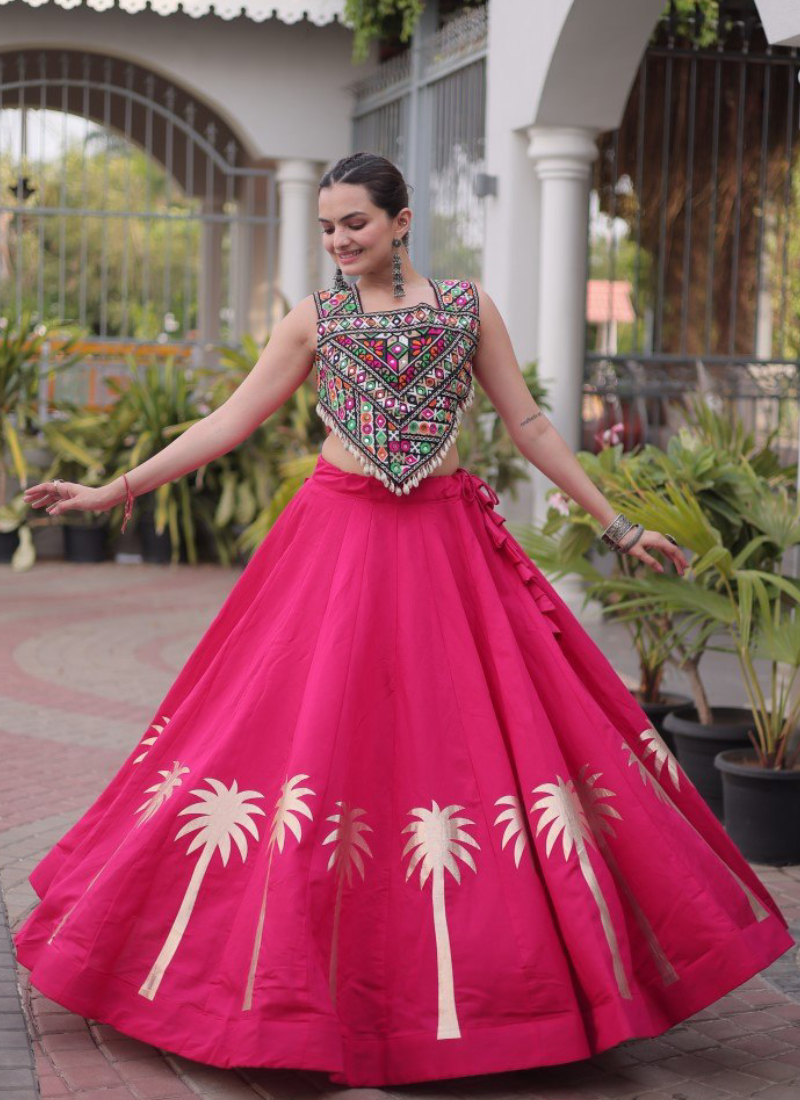 Rani Pink Roman Silk Kutchi Gamthi Embroidery Navratri Chaniya Choli