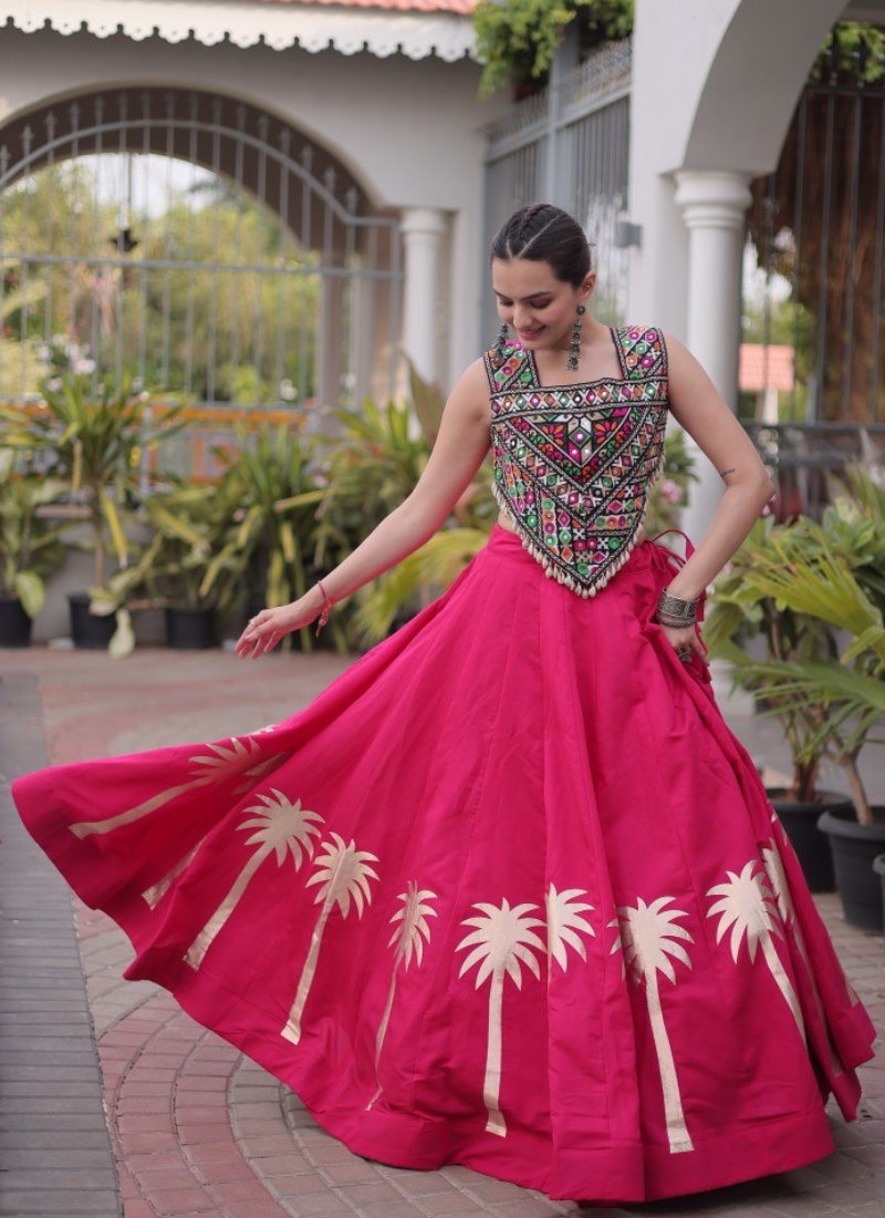 Rani Pink Roman Silk Kutchi Gamthi Embroidery Navratri Chaniya Choli