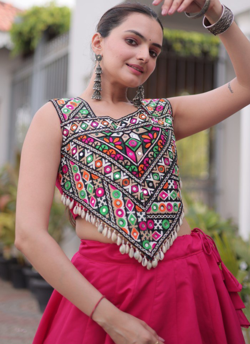 Rani Pink Roman Silk Kutchi Gamthi Embroidery Navratri Chaniya Choli