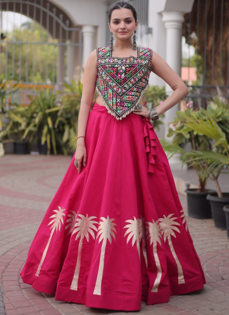 Rani Pink Roman Silk Kutchi Gamthi Embroidery Navratri Chaniya Choli