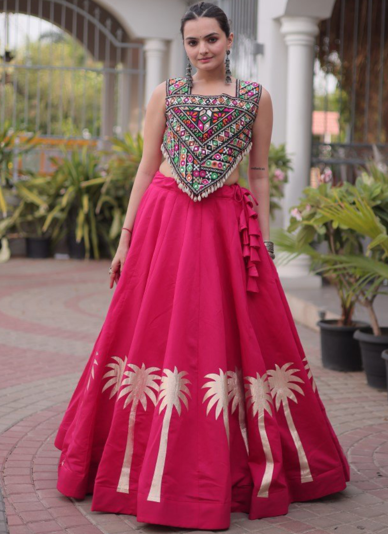 Rani Pink Roman Silk Kutchi Gamthi Embroidery Navratri Chaniya Choli