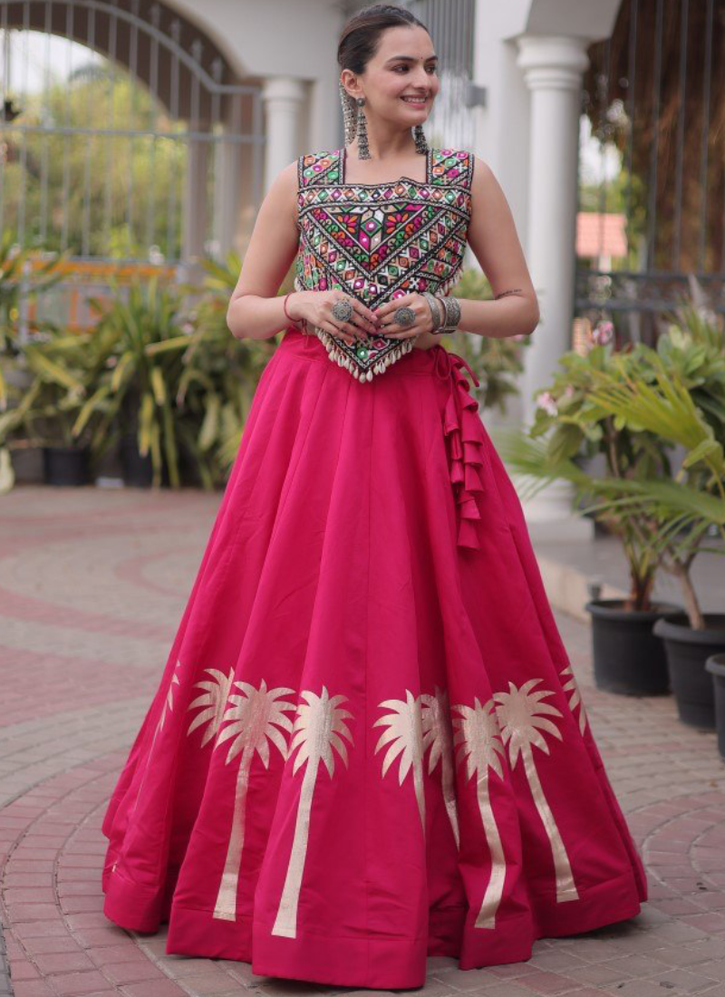 Rani Pink Roman Silk Kutchi Gamthi Embroidery Navratri Chaniya Choli
