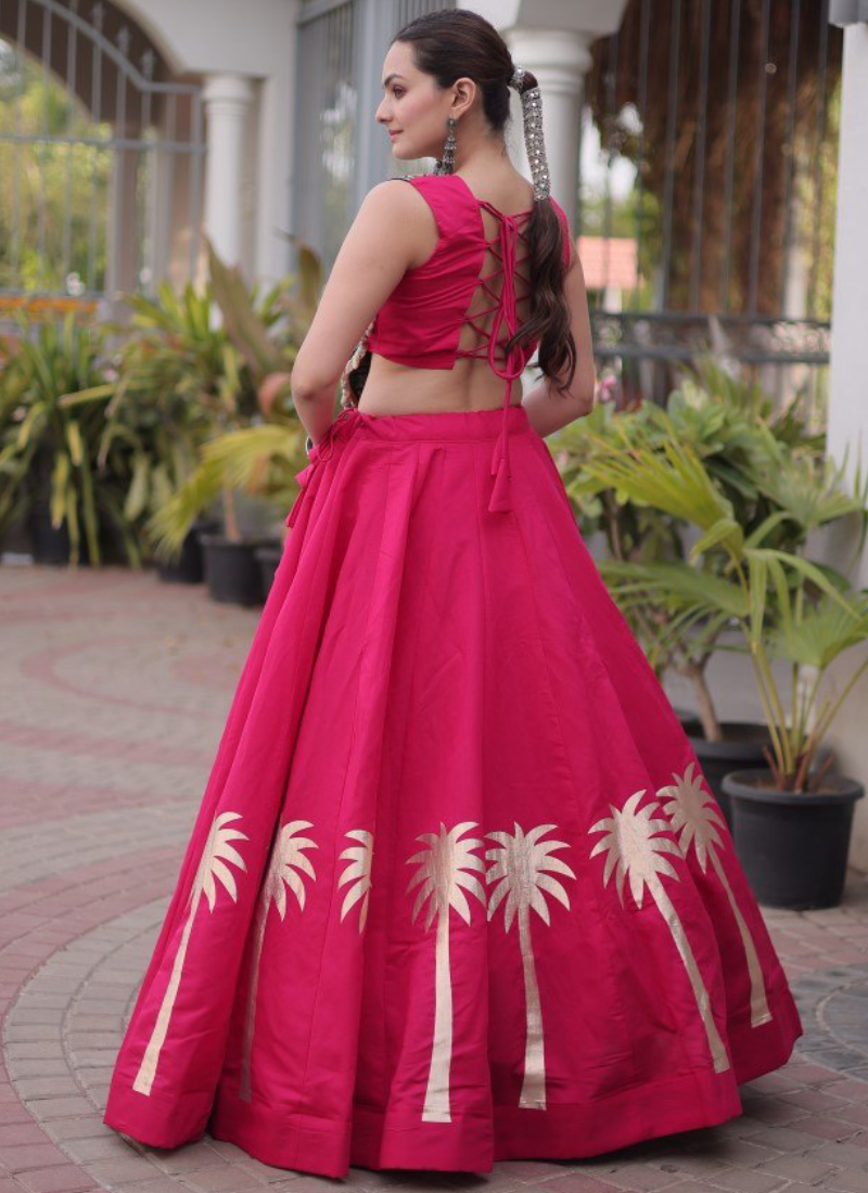 Rani Pink Roman Silk Kutchi Gamthi Embroidery Navratri Chaniya Choli