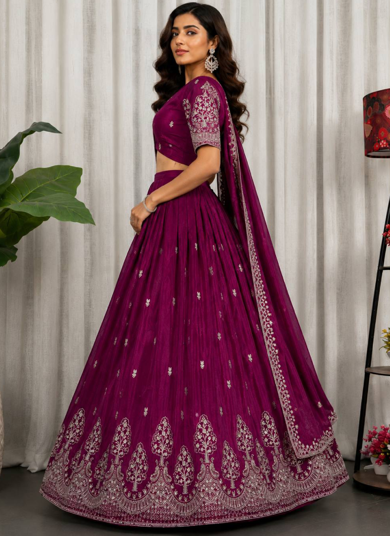 Rani Pink Thread Embroidered Chinon Silk Function Wear Lehenga Choli