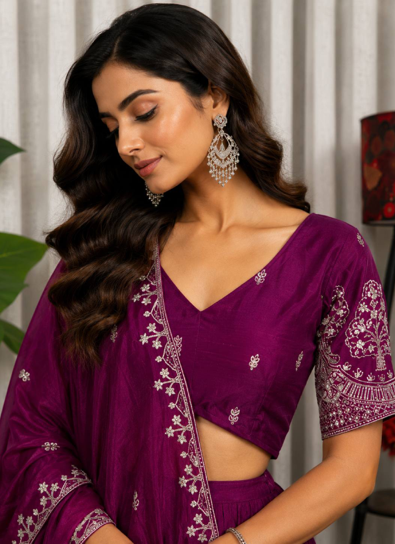 Rani Pink Thread Embroidered Chinon Silk Function Wear Lehenga Choli