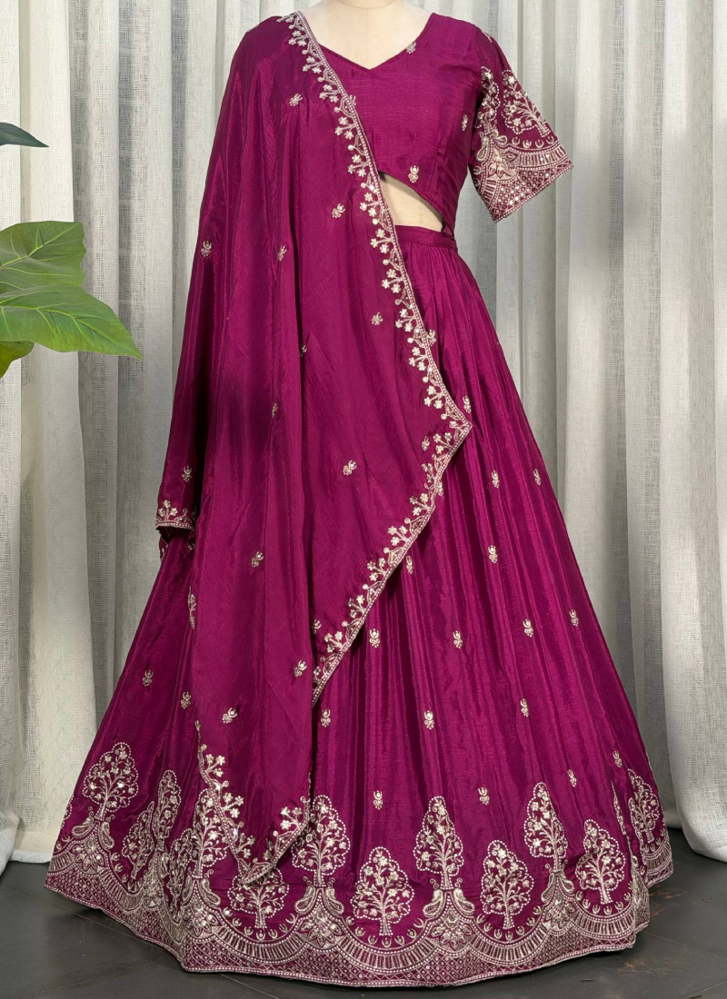 Rani Pink Thread Embroidered Chinon Silk Function Wear Lehenga Choli